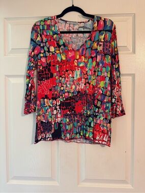 SNO SKINS Multicolor Abstract V-Neck Long Sleeve Top